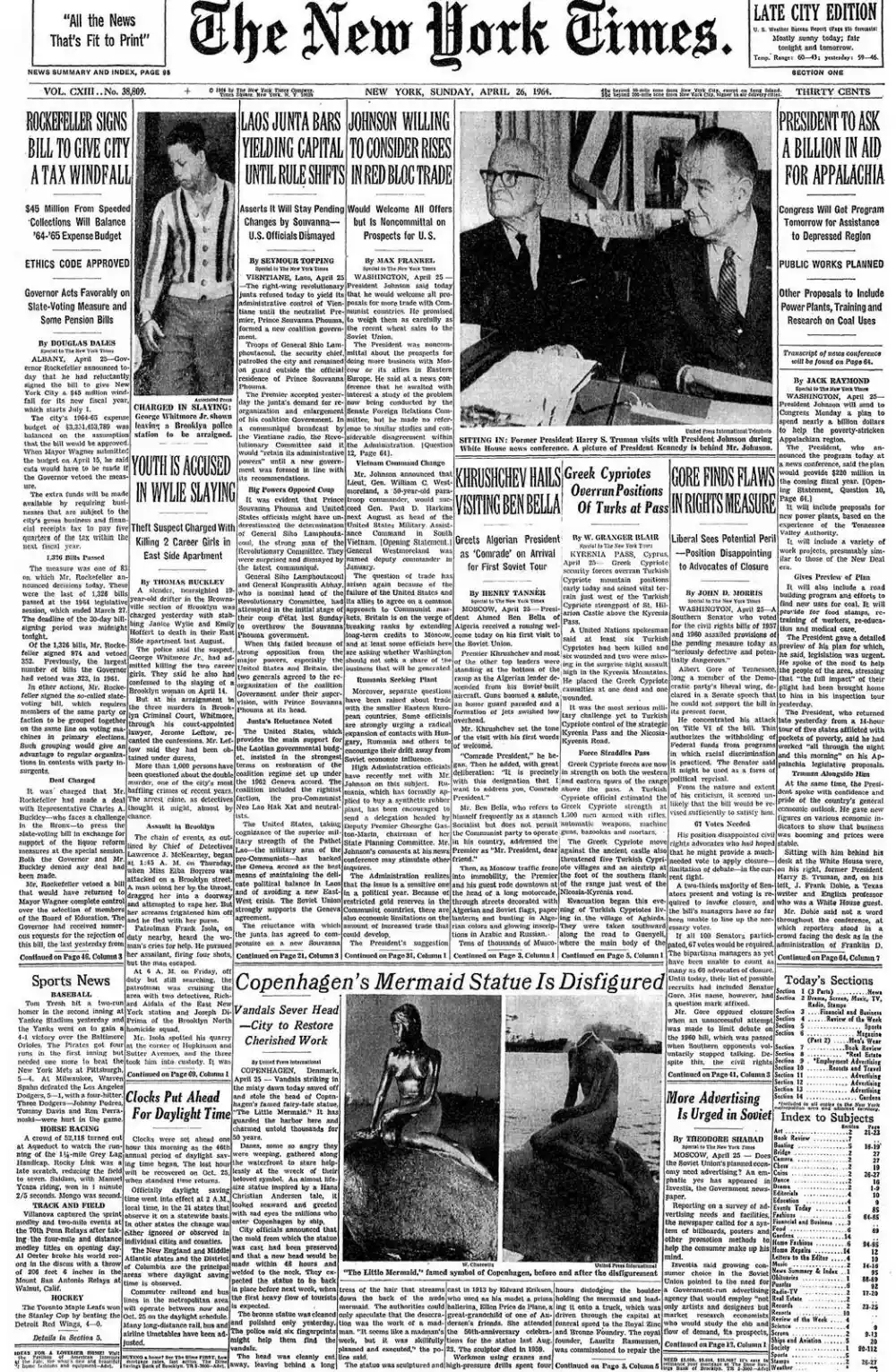 Sunday, April 26, 1964 – The New York Times Front Page