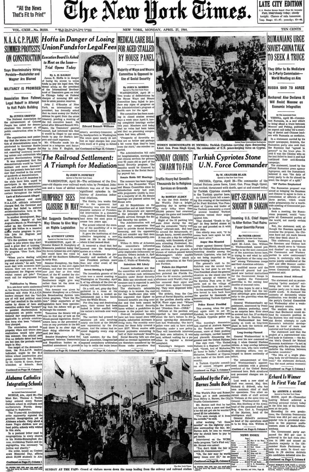 Monday, April 27, 1964 – The New York Times Front Page