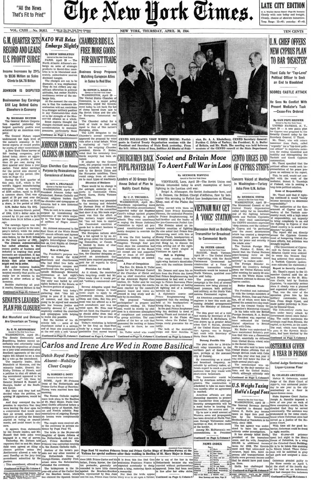 Thursday, April 30, 1964 – The New York Times Front Page